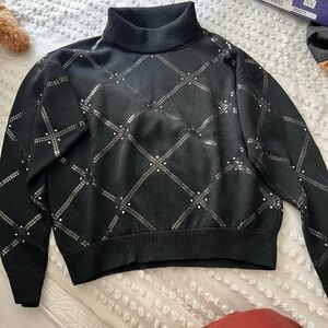 St. John Black Turtleneck Sweater with Rhinestone Accents